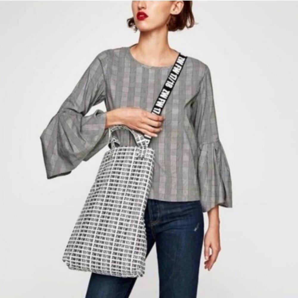 ZARA WOMAN Plaid Bell Sleeve Black and White Cotton Blend Top Size M - Picture 12 of 13